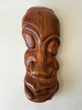 RARE Vintage Hand Carved Wooden Sculpture Tiki Mask Wall Art Solid Hardwood 14"